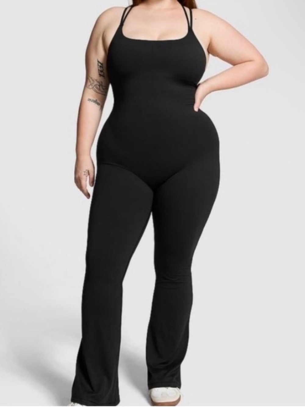 PINK Victoria’s Secret Relay Flare Onesie Black Square Neck Long Sleeve XXL 465